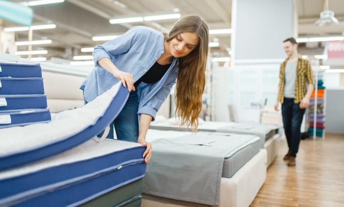 žena vyberá v matrac v obchode