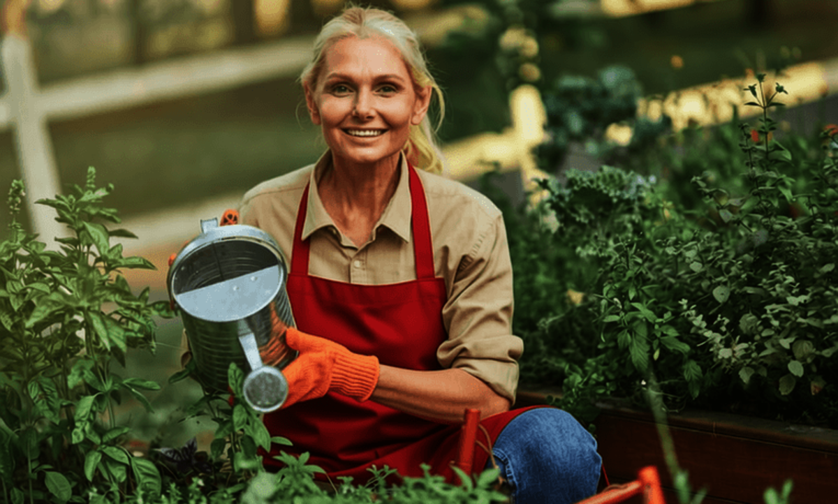 žena v strednom veku polieva rastliny v záhrade
