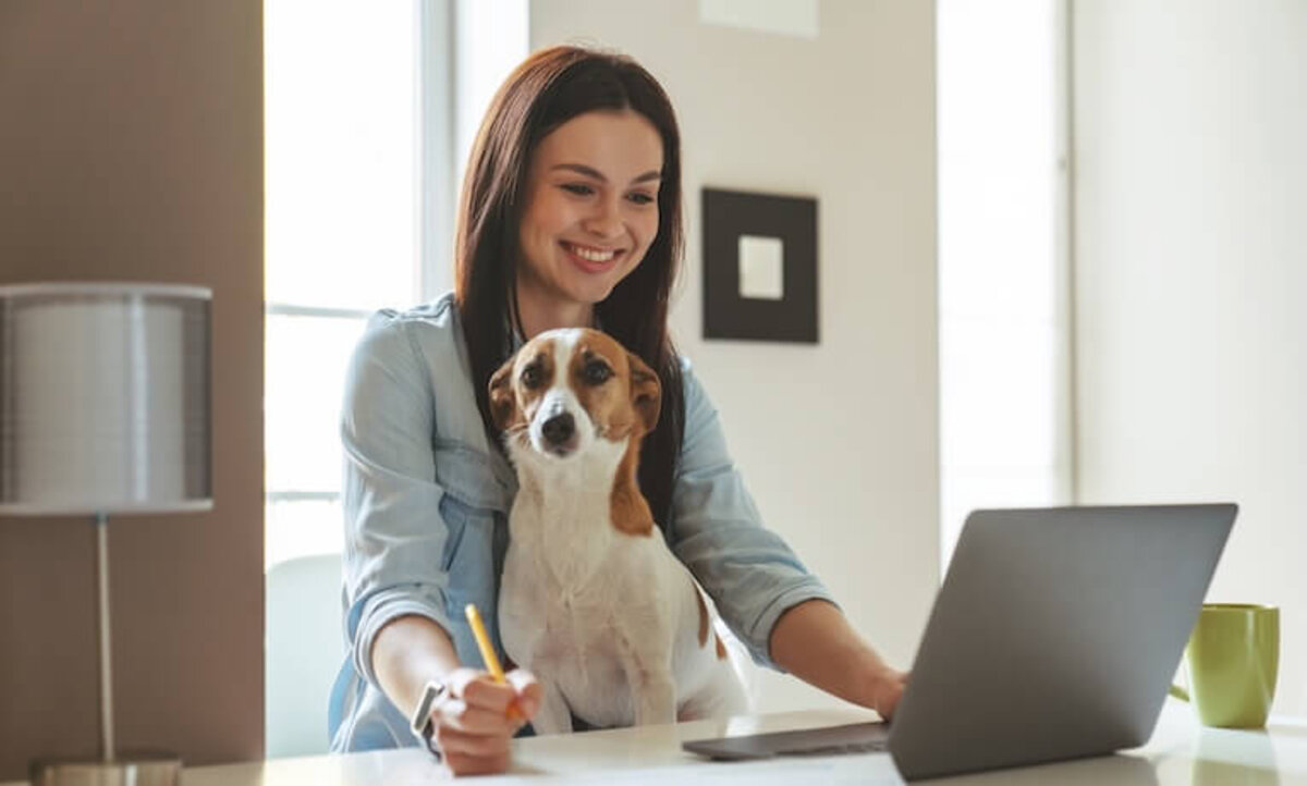 žena pracujúca na notebooku so psíkom