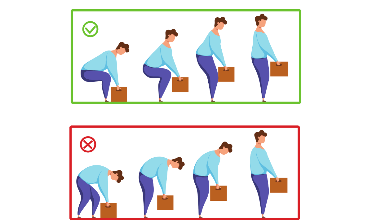 kreslené znázornenie správneho dvíhania ťažkého predmetu